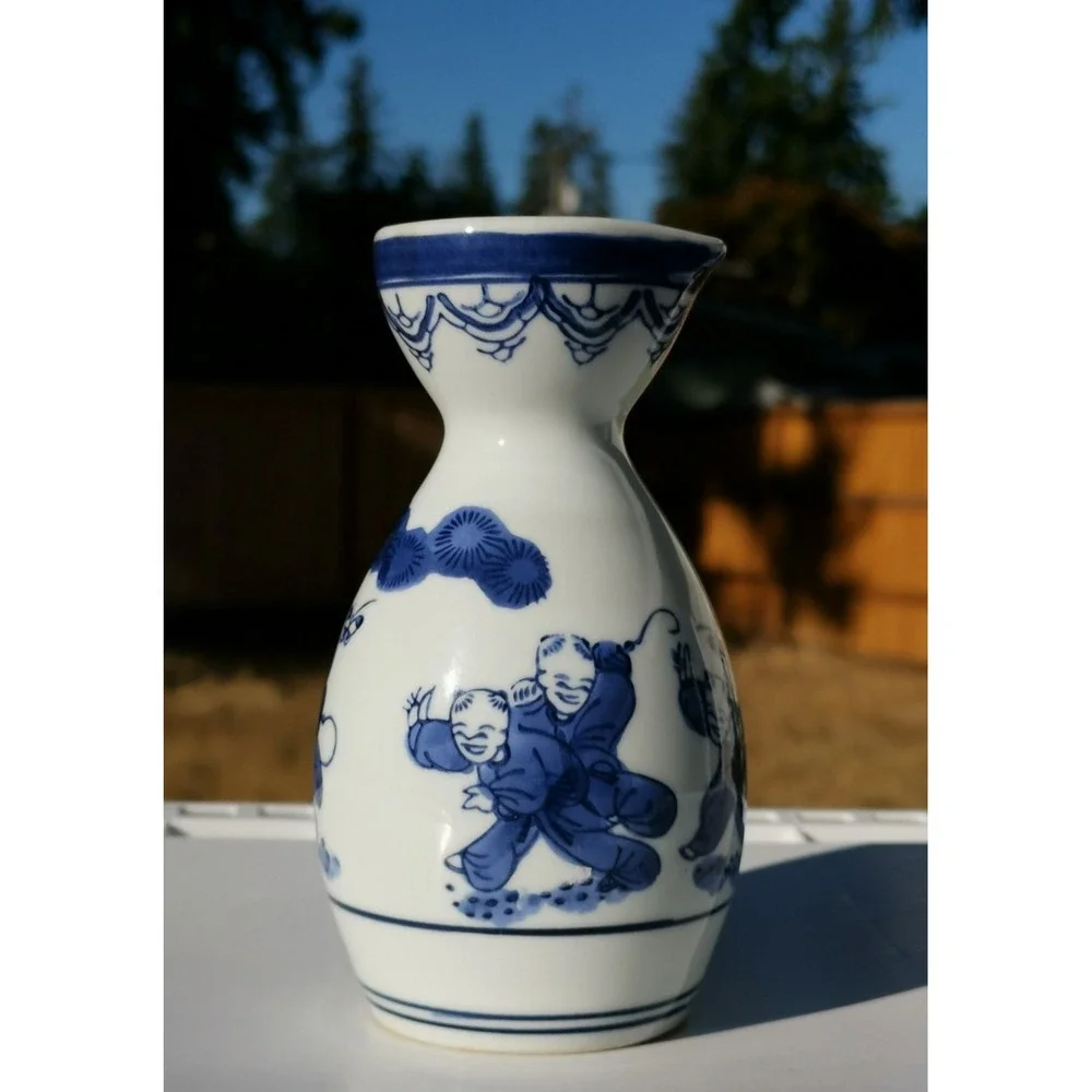 Imperial Imports Japan Sake Tea Blue White Porcelain Butterflies Height 6.5